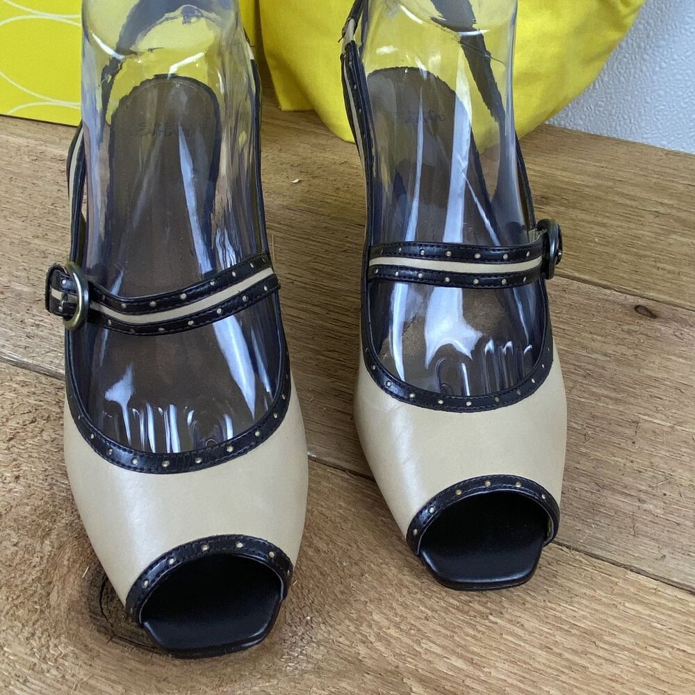Circa Joan & David Women Slingback Peep-Toe Heels Size 9M Taupe & Bronze Leather